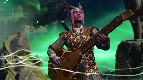 Baldur's Gate 3 instruments: a pink skinned horned bard players a large stringed instrument.