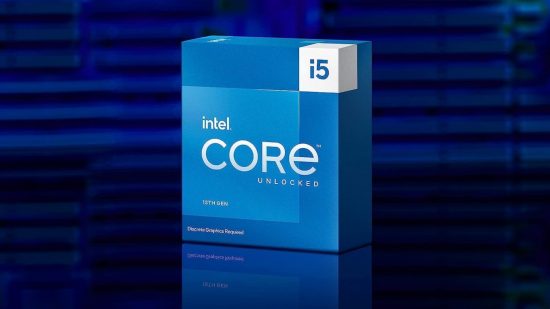 The Intel Core i5 13600KF stands atop a reflective surface, with a blue hue behind it