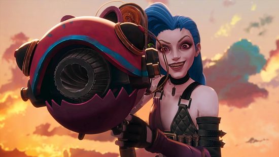 A blue haired woman holds a giant red weapon, smiling with a look of mania in her eyes