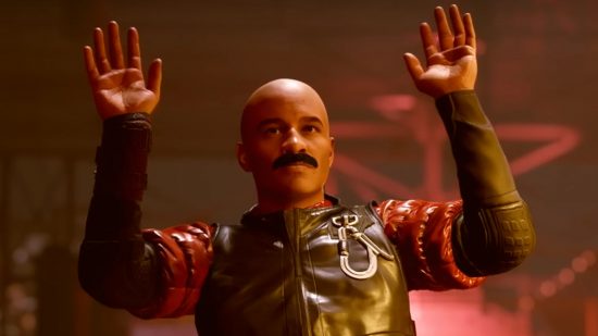 Starfield walkthrough: A bald, masculine NPC with a thick brush moustache throws their hands in the air in surrender.