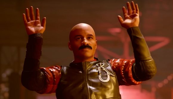 Starfield walkthrough: A bald, masculine NPC with a thick brush moustache throws their hands in the air in surrender.