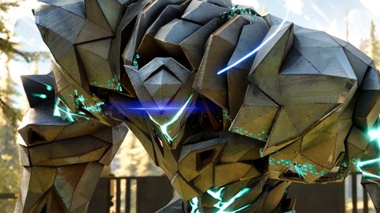 The Crusher, a hulking Nano with gleaming white armor plating protecting it from harm, its small head retracted close to its body as it glows with a calm blue light in PCGamesN’s Synced preview.